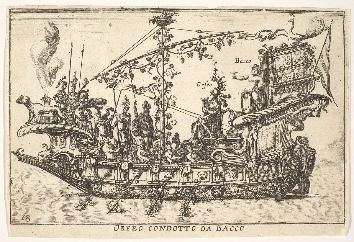 Plate 18: Orpheus led by Bacchus (Orfeo condotto da Bacco), from the series 'The magnificent pageant on the river Arno in Florence for the marriage of the Grand Duke' (Le Magnifique carousel fait sur le fleuve de l'Arne a Florence, pour le mariage du Grand Duc), for the wedding celebration of Cosimo de' Medici in Florence, 1608 — Giulio Parigi|Anonymous|Remigio Cantagallina|Jean Sauvé