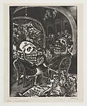 Calaveras (skeletons) of the National Mausoleum, used for the cover the first issue of the paper 'Frente a Frente' (1934) — Leopoldo Méndez