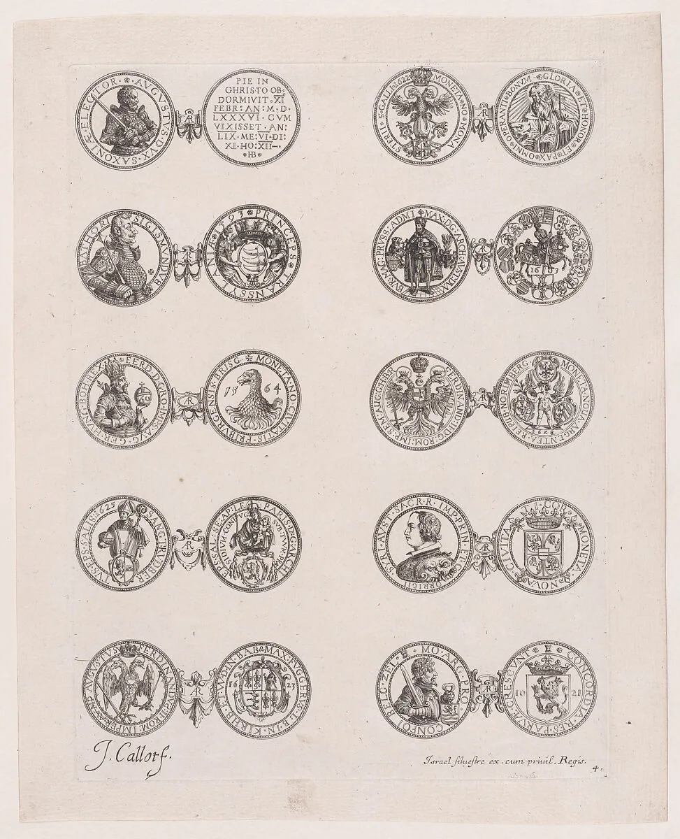 4th Plate, Featuring 10 Coins Issued by European Princes in the 16th and 17th centuries, from Les Monnaies (The Currencies) — Jacques Callot|Israel Silvestre