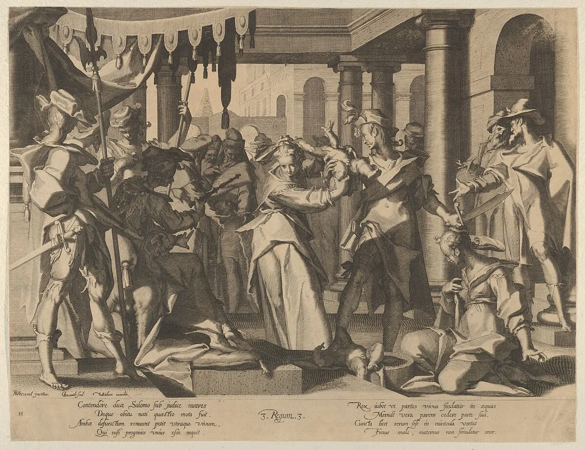 Judgment of Solomon, from Thronus Justitiae, tredecim pulcherrimus tabulis..., plate 2 — Joachim Wtewael|Willem van Swanenburg|Christoffel van Sichem I