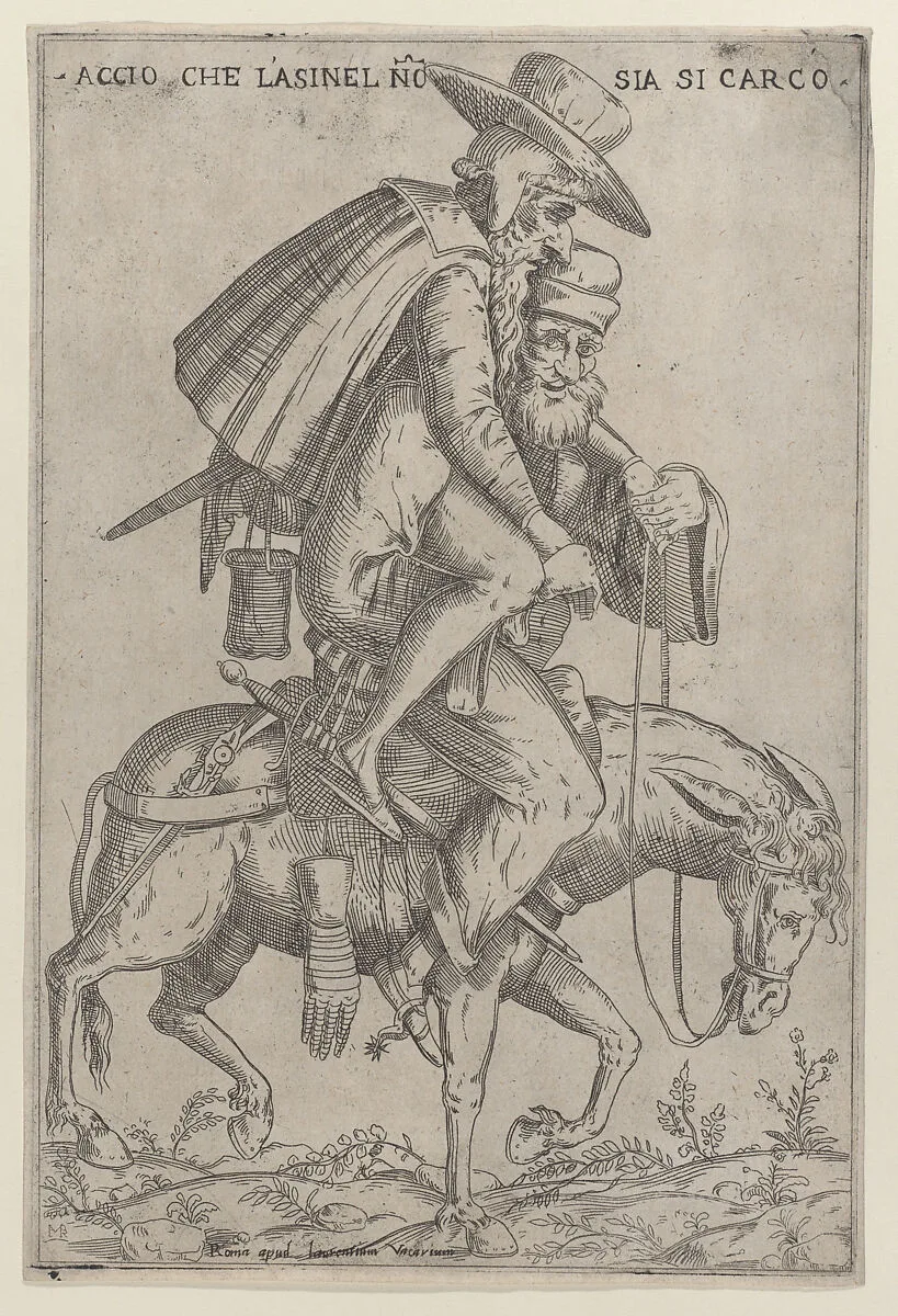 Caricature with two men on a mule — Giovanni Ambrogio Brambilla