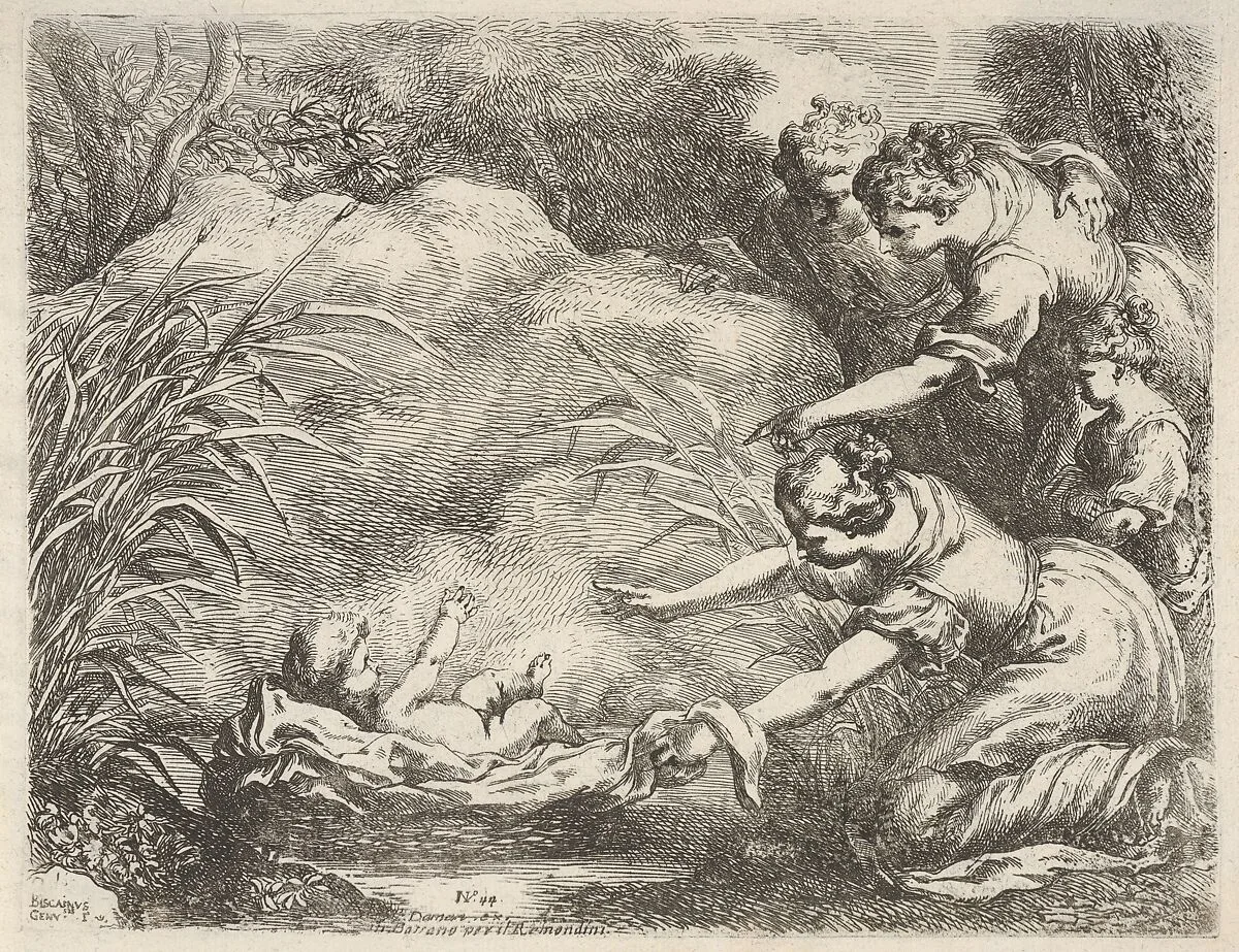 The finding of Moses who is rescued from the Nile by the maidservants of Pharaoh's daughter — Bartolomeo Biscaino|Daman|Remondini