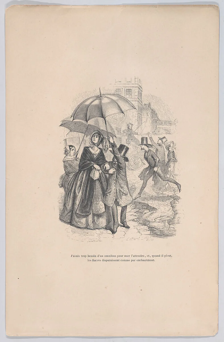 "I was in too much need of an omnibus, but as soon as it starts raining, they all seem to disappear as if by magic." from the Little Miseries of Human Life — Auguste Barbant|J. J. Grandville|Paul-Emile-Daurand Forgues|Henri Fournier