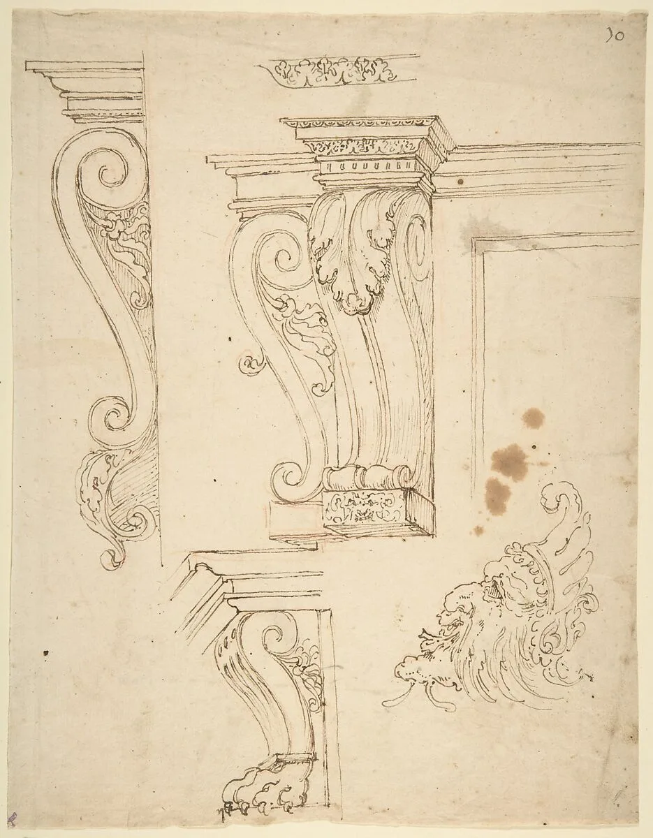Four Studies of Consoles and a Mask — Anonymous, Italian, 16th century