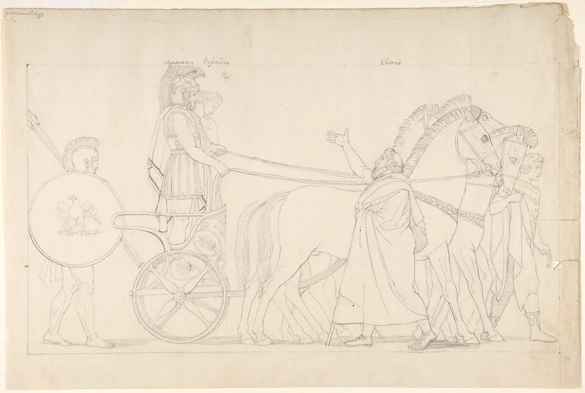 Composition from the Tragedies of Aeschylus, plate 17 (recto); Goddess Statue from the Suppliants, plate 7 (verso) — John Flaxman
