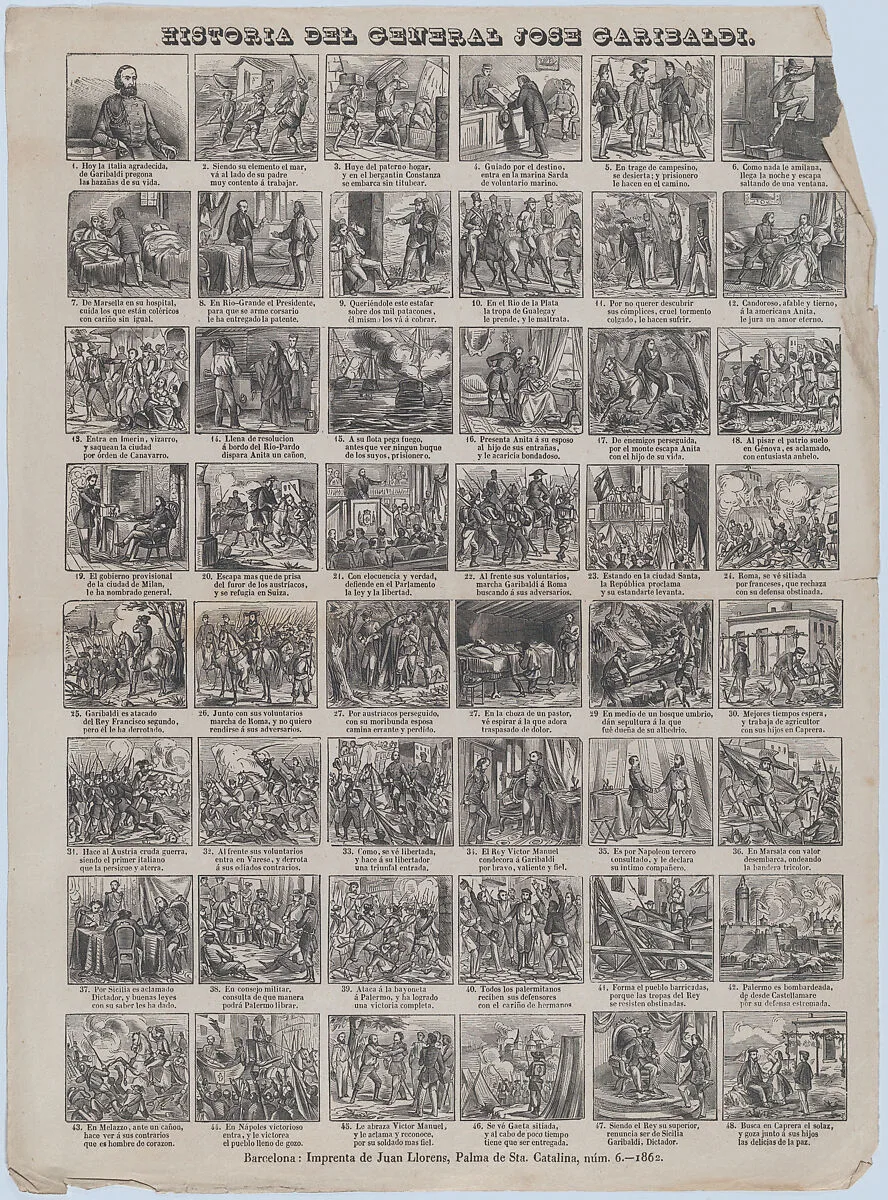 Broadside with 48 scenes relating to the life of Giuseppe Garibaldi — Juan Llorens