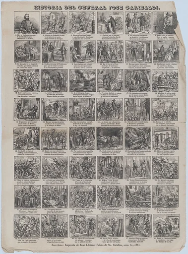 Broadside with 48 scenes relating to the life of Giuseppe Garibaldi