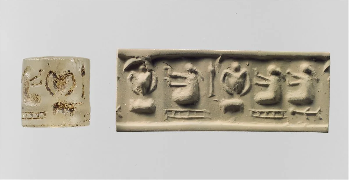 Cylinder seal and modern impression: three "pigtailed ladies" with double-handled vessels — Unknown
