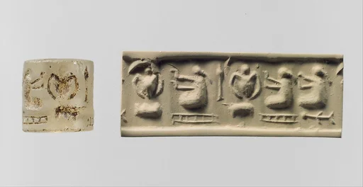 Cylinder seal and modern impression: three "pigtailed ladies" with double-handled vessels