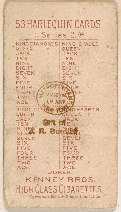 Example of card verso from Harlequin Cards, 2nd Series (N220) issued by Kinney Bros. — Kinney Brothers Tobacco Company