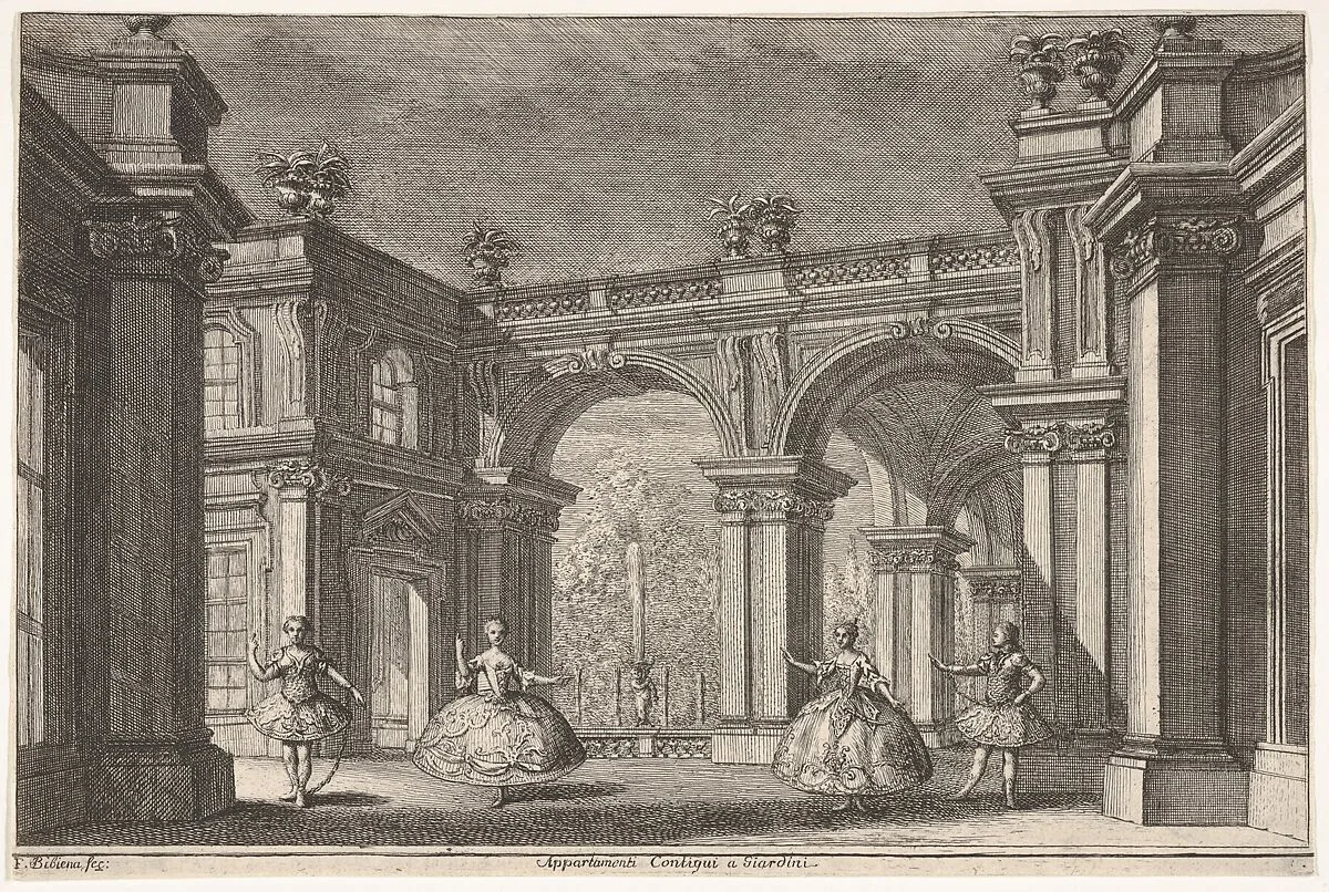 Two ladies and two gentlemen dancing within an ornate architectural setting, a fountain at center in the background, a scene from "Talestri, Regina delle Amazzoni" — Francesco Galli Bibiena