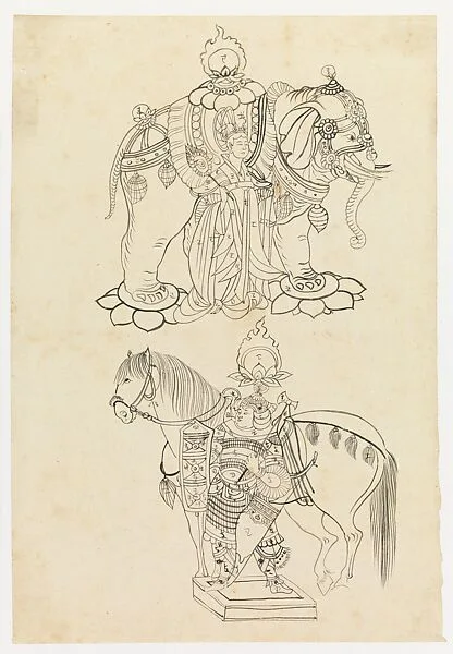 現代 謝稚柳 敦煌人物走獸臨本 鏡片|Lady with an Elephant and Guardian with a Horse — Xie Zhiliu