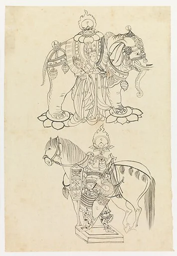 現代 謝稚柳 敦煌人物走獸臨本 鏡片|Lady with an Elephant and Guardian with a Horse