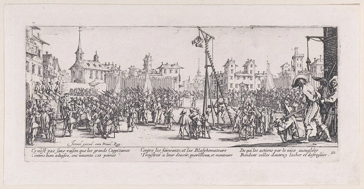 L'Estrapade (The Strappado), from Les Misères et les Mal-Heures de la Guerre (The Miseries and Misfortunes of War), plate 10 — Jacques Callot|Israël Henriet