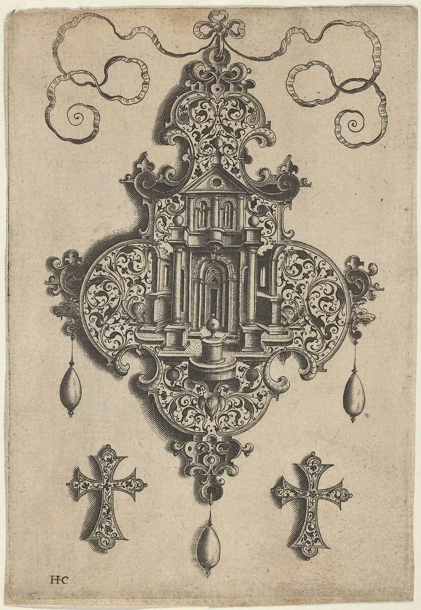 Pendant Design with a Temple and Vase Above Cross-Shaped Ornaments — Jan Collaert I|Hans Liefrinck