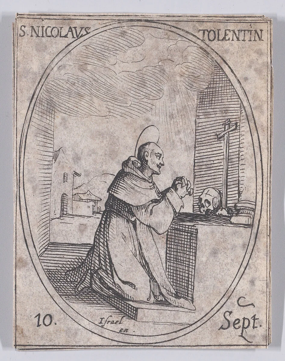 S. Nicolas de Tolentino (St. Nicholas of Tolentino), September 10th, from "Les Images De Tous Les Saincts et Saintes de L'Année" (Images of All of the Saints and Religious Events of the Year) — Jacques Callot|Israël Henriet