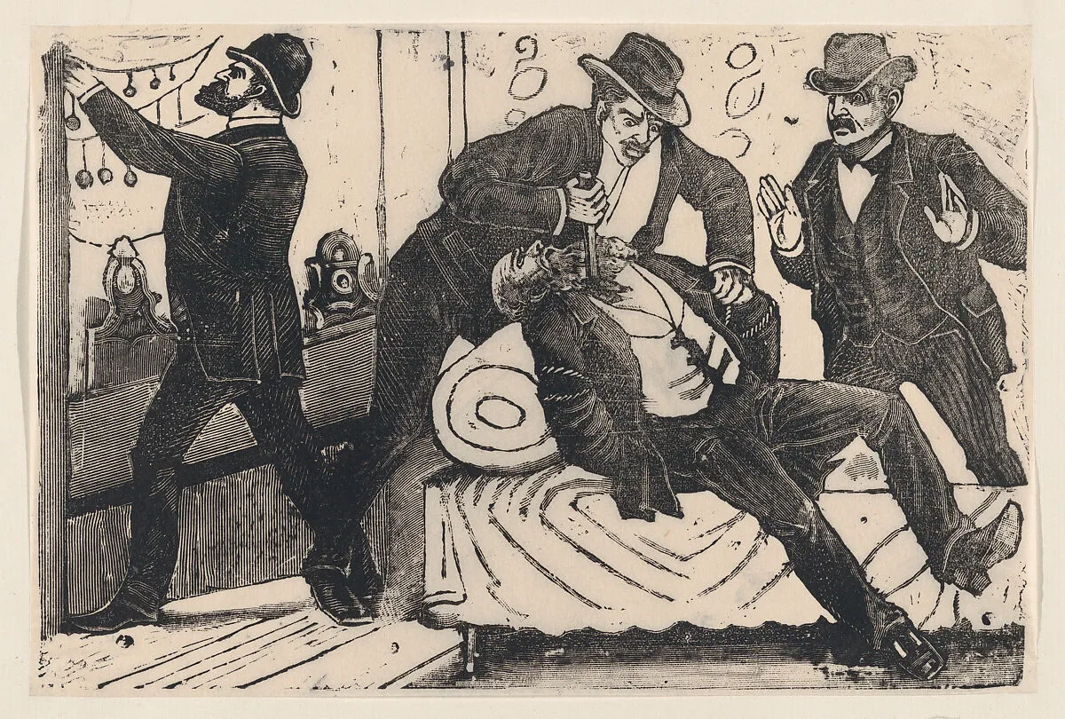 A man stabbing another man in the chest while his associates loot a store, from a broadside entitled 'The theft at La Profesa' — José Guadalupe Posada