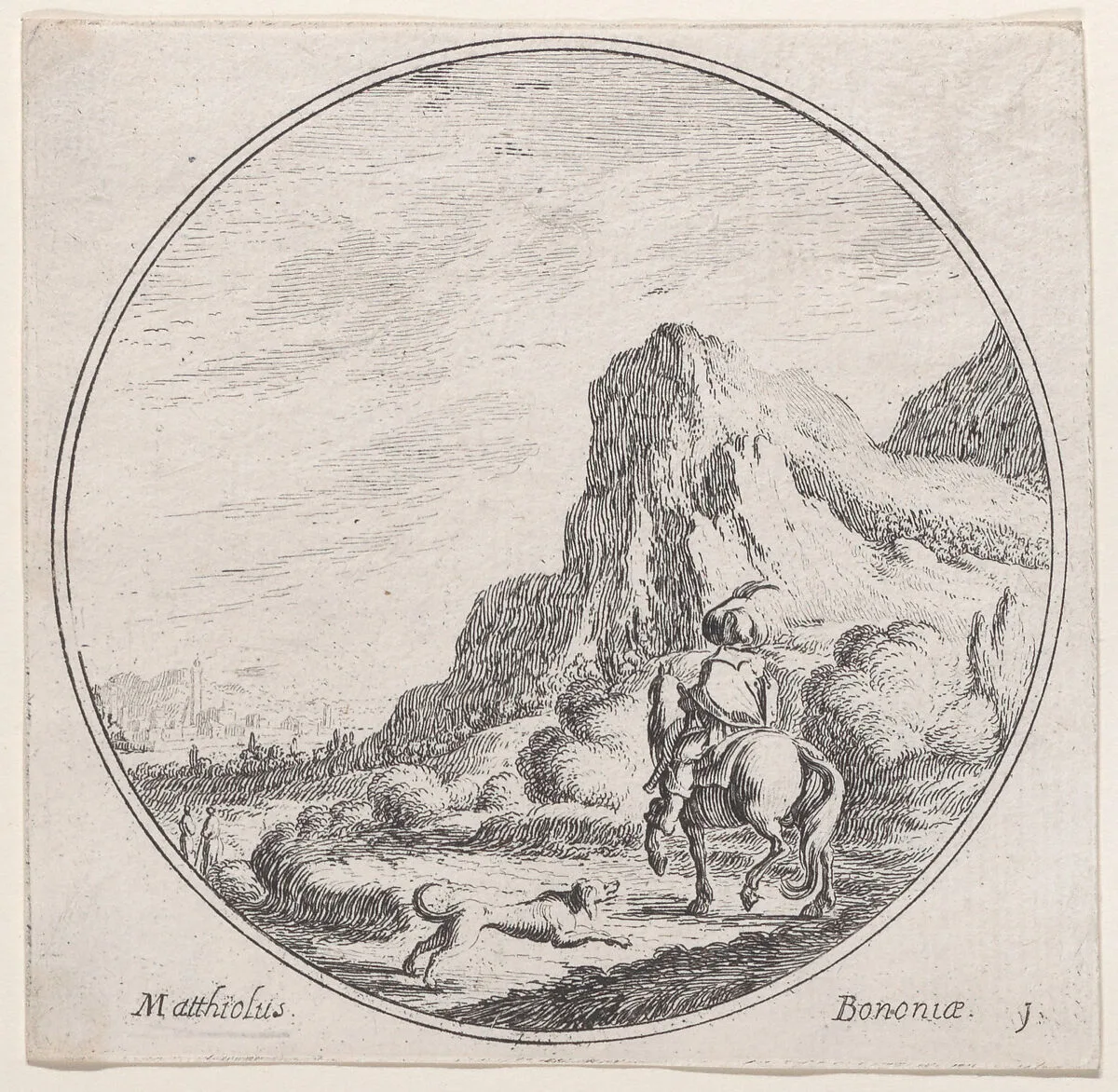 Plate 1: a horseman riding towards the left, followed by a dog, in a rocky landscape — Lodovico Mattioli