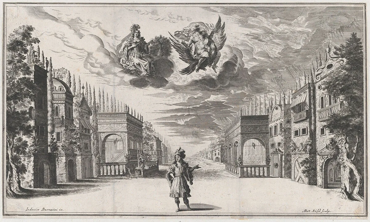 A man stands at center, flanked by rows of buildings; above Jupiter atop an eagle and Juno accompanied by a peacock, converse among the clouds; set design from 'Il Pomo D'Oro' — Ludovico Ottaviano Burnacini|Mathäus Küsel