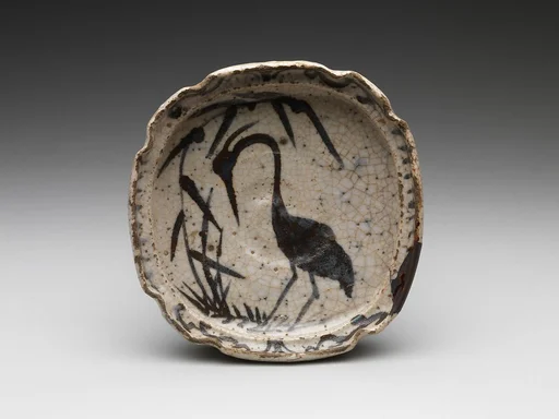 葦鷺文四方皿 美濃焼・志野様式|Bowl with Heron in Reeds