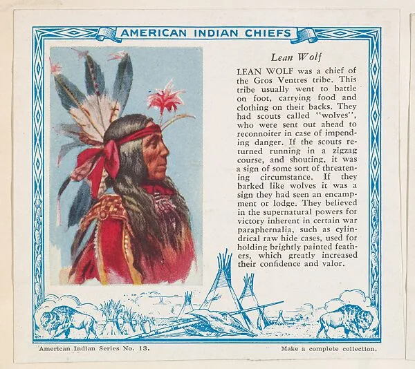 Lean Wolf, No. 13, collector card from the American Indian Series (D6), issued by the Kelley Baking Company to promote Kelley's Bread — Kelley Baking Company