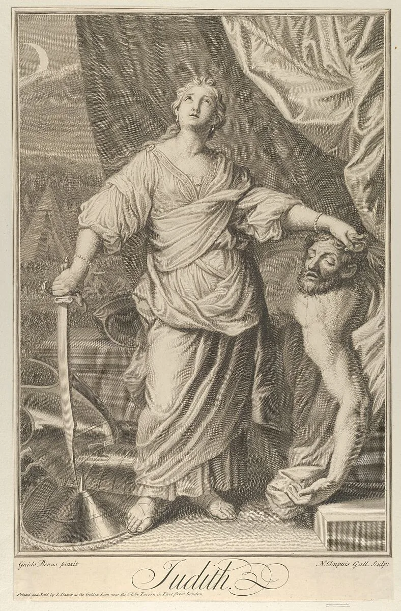 Judith standing and looking up, holding the head of Holofernes in her left hand and a sword in her right, tents in the background, after Reni — Guido Reni|John Tinney|Nicolas Gabriel Dupuis