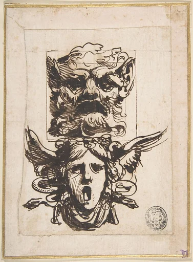 Design for Two Masks Shaped as Satyr and a Winged Medusa Head