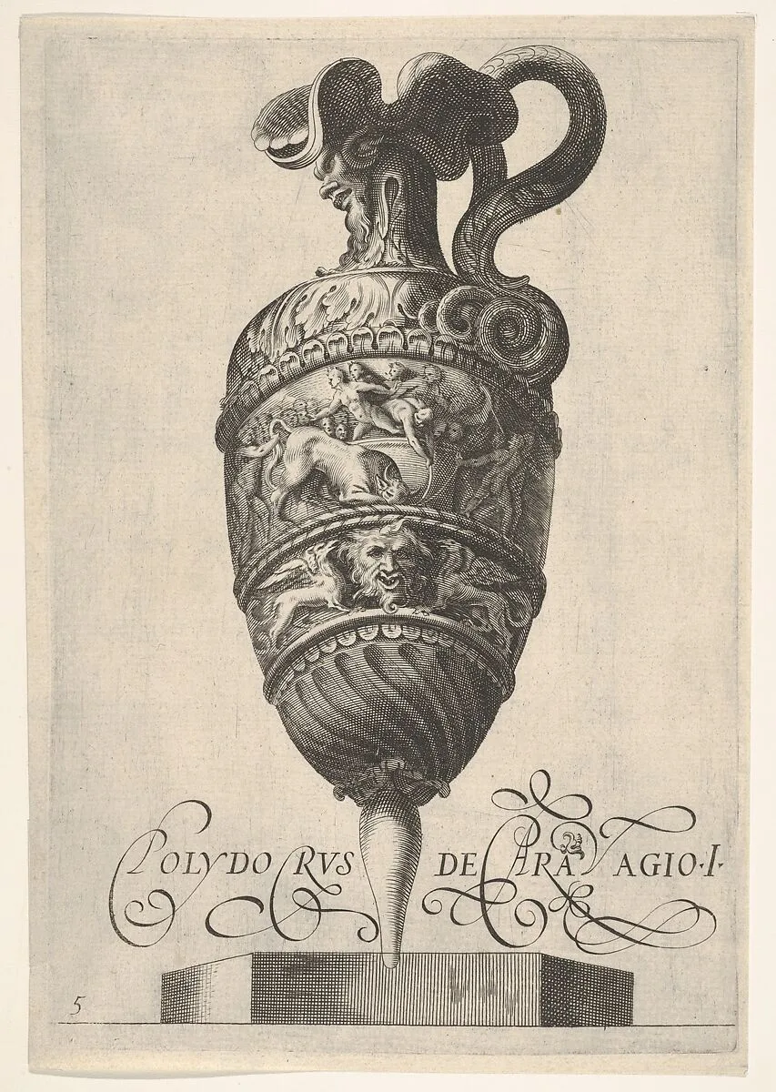 Vessel with grotesque masks, griffins, and a frieze populated by a bull and men in bas-relief (reverse copy after Cherubino Alberti, in turn after Polidoro da Caravaggio) — Anonymous|Cherubino Alberti (Zaccaria Mattia)|Polidoro da Caravaggio|Le Blond