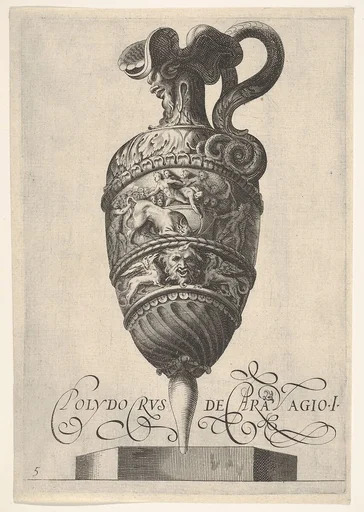 Vessel with grotesque masks, griffins, and a frieze populated by a bull and men in bas-relief (reverse copy after Cherubino Alberti, in turn after Polidoro da Caravaggio)