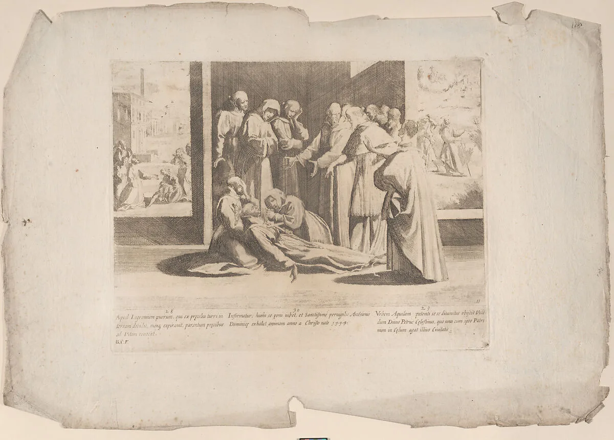 Episode 28: At Logronium Saint Bernardino brings an injured boy back to life; Episode 29: Saint Peter appears to Saint Bernardino on the road to Rome; Episode 30: Saint Bernardino falls ill and dies in 1444, from "The Life of Saint Bernardino of Siena" — Bernardino Capitelli|Rutilio Manetti|Saint Bernardino of Siena