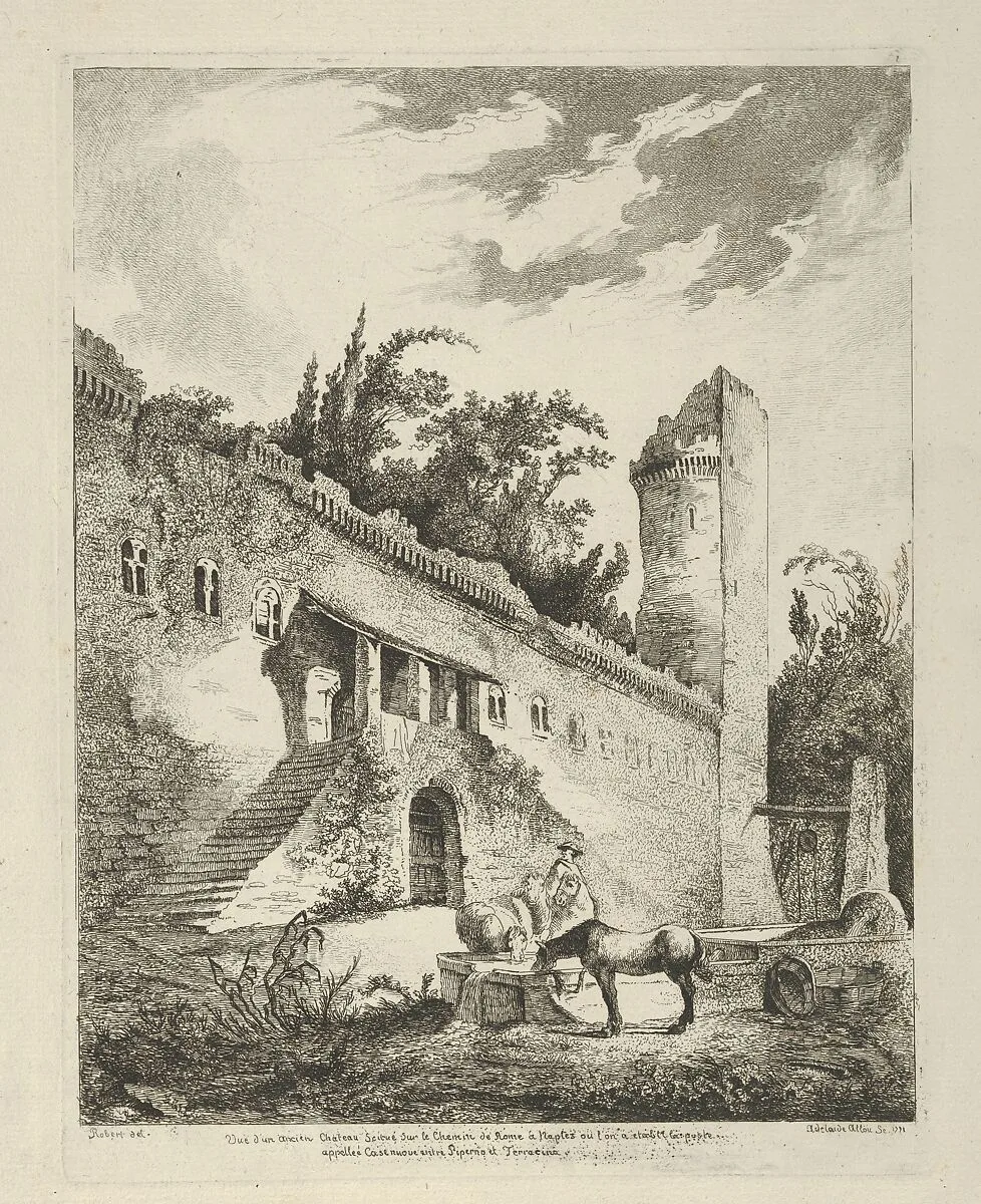 Vue d'un ancien chateau scitué sur le chemin de Rome à Naples from Differentes vues dessiné d'après nature... dans les environs de Rome et de Naples — Adélaide Allou|Hubert Robert|Jean Honoré Fragonard|Pierre François Basan