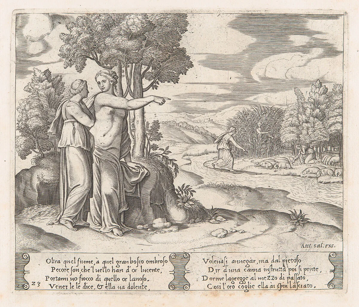 Plate 23: Psyche on the order of Venus departing to find the golden fleece, from "The Story of Cupid and Psyche as told by Apuleius" — Antonio Salamanca|Master of the Die|Michiel Coxie (I)