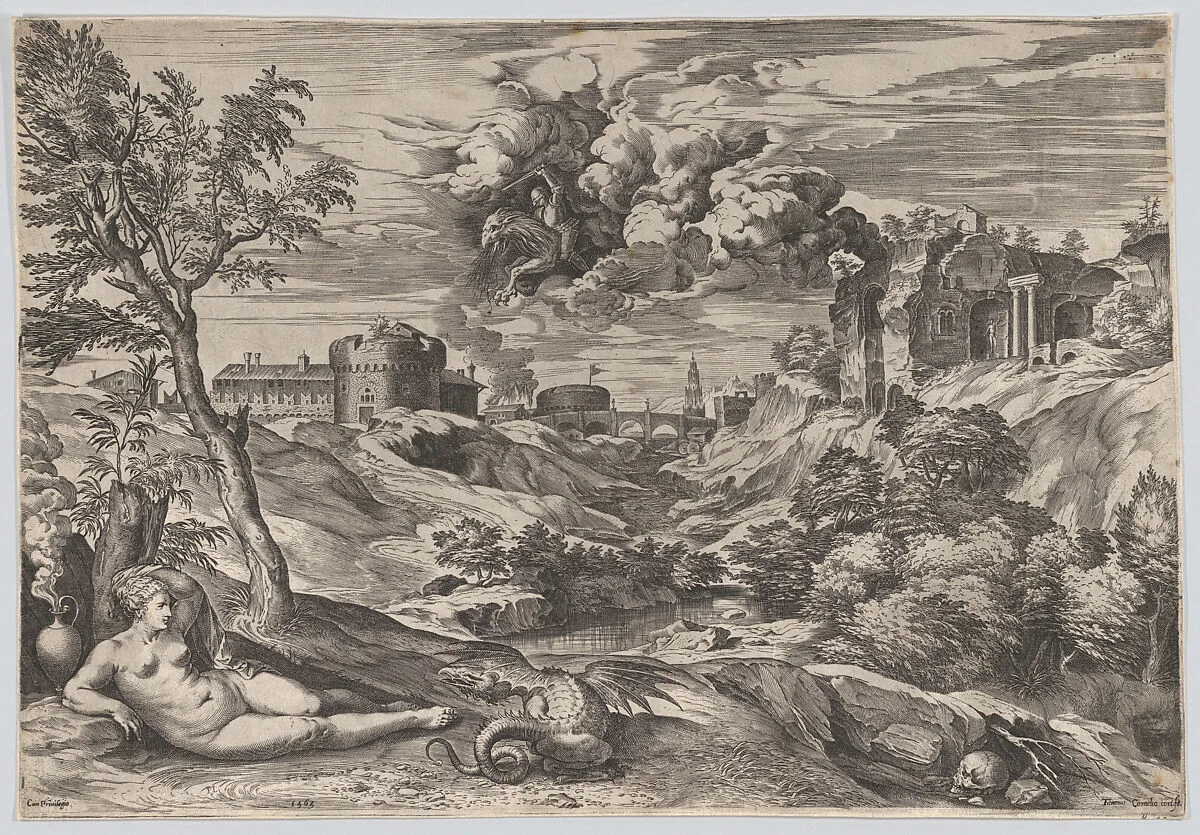 Ruggiero Rescuing Angelica — Cornelis Cort|Titian (Tiziano Vecellio)