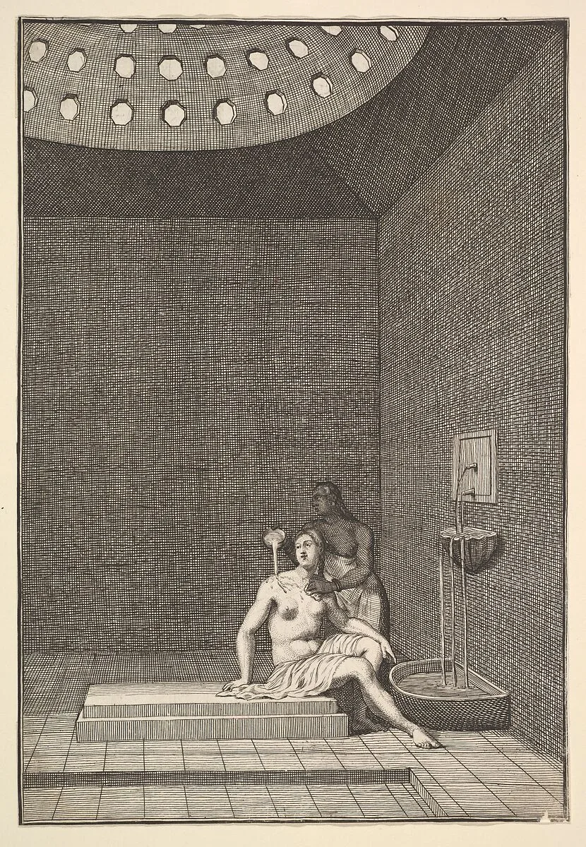 A Turkish Bath (Aubry de La Mottraye's "Travels throughout Europe, Asia and into Part of Africa...," London, 1724, vol. I, pl. 10) — William Hogarth|Aubry de La Mottraye|Jean Baptiste Vanmour|Jean-Baptiste Haussard