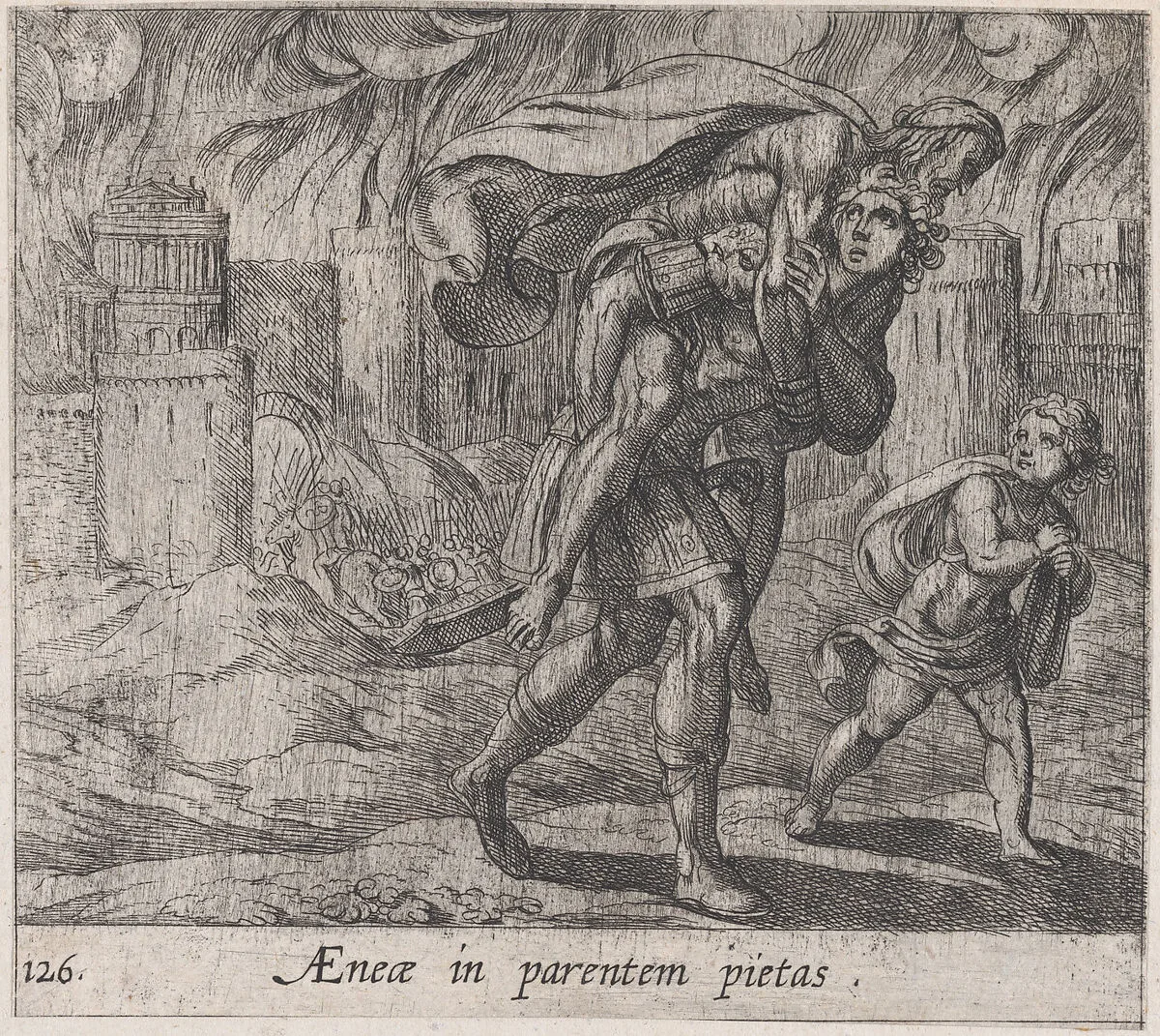 Plate 126: Aeneas and Anchises (AEnea in perentem pietas), from Ovid's 'Metamorphoses' — Antonio Tempesta