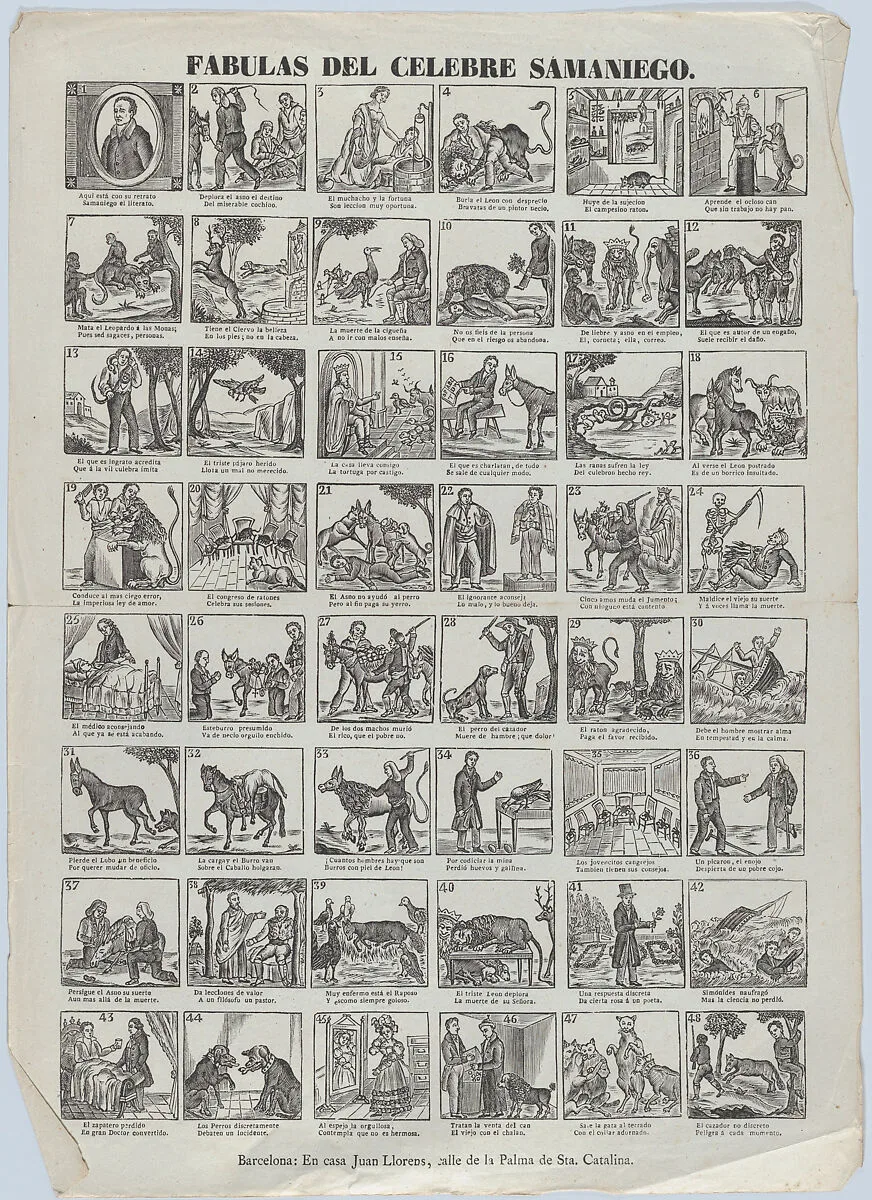 Broadside with 48 scenes depicting fables by Félix María de Samaniego — Juan Llorens