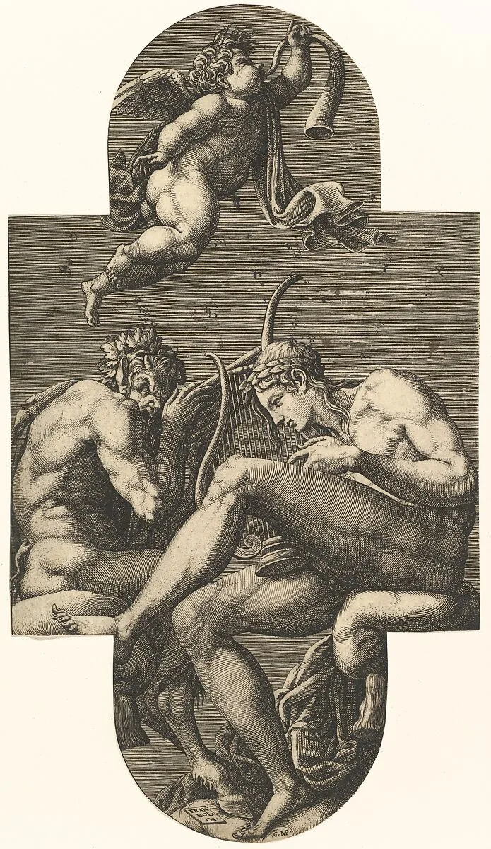 Apollo, Pan, and a putto blowing a horn, from a series of eight compositions after Francesco Primaticcio's designs for the ceiling of the Ulysses Gallery (destroyed 1738-39) at Fontainebleau — Giorgio Ghisi|Francesco Primaticcio