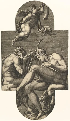 Apollo, Pan, and a putto blowing a horn, from a series of eight compositions after Francesco Primaticcio's designs for the ceiling of the Ulysses Gallery (destroyed 1738-39) at Fontainebleau