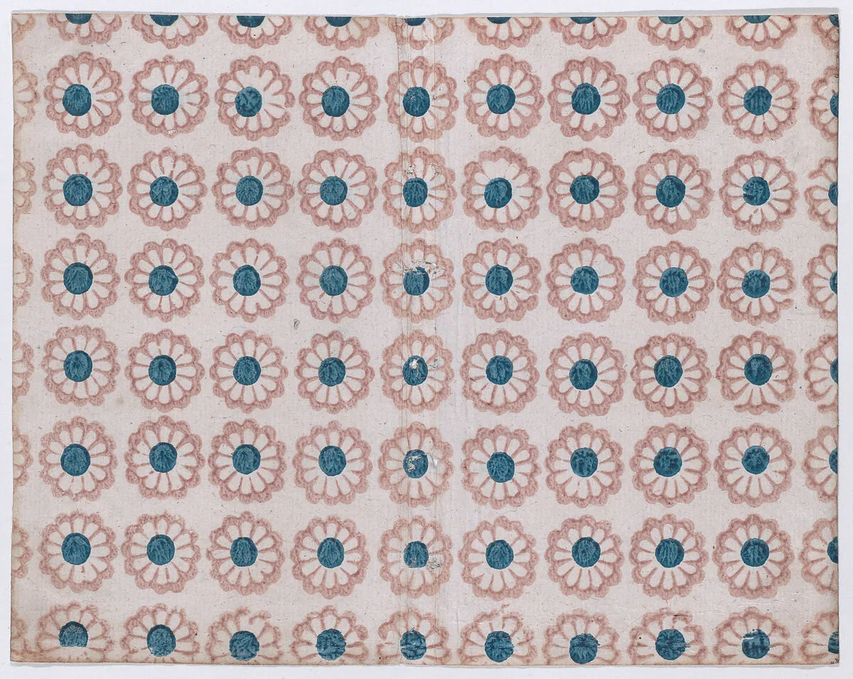 Sheet with overall pattern of pink flowers with blue centers — Anonymous