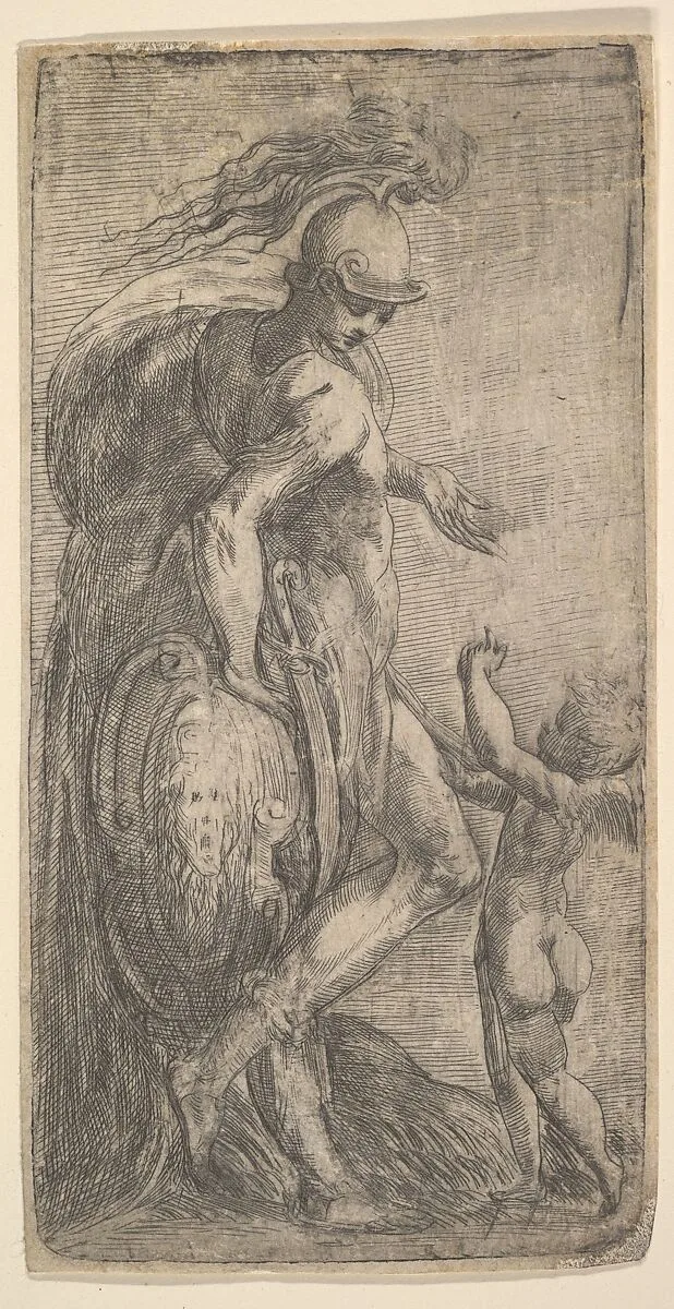 Mars standing at the left leaning on a shield, Cupid at the right — Andrea Schiavone (Andrea Meldola)