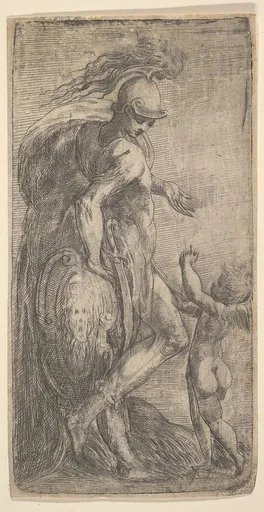 Mars standing at the left leaning on a shield, Cupid at the right
