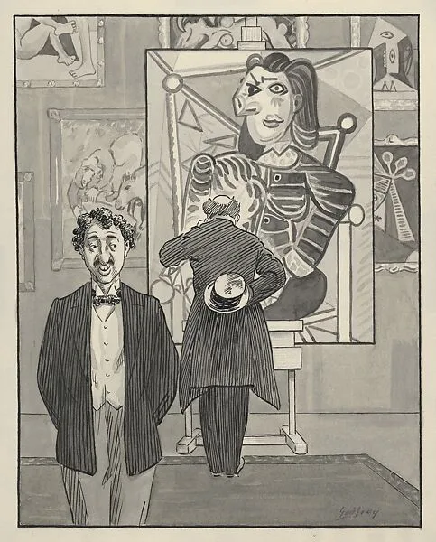 Caricature of Two Formally Dressed Men Visiting an Exhibition of Paintings by Picasso — Godfrey
