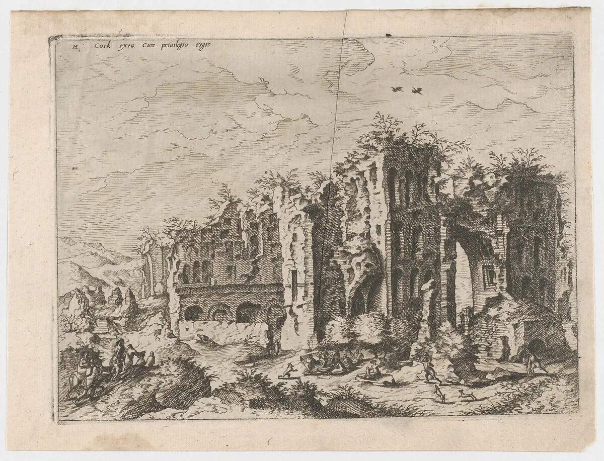 Massive Ruins with Many Figures in the Foreground, from "Roman Ruins and Buildings" — Johannes van Doetecum I|Hieronymus Cock|Lucas van Doetecum