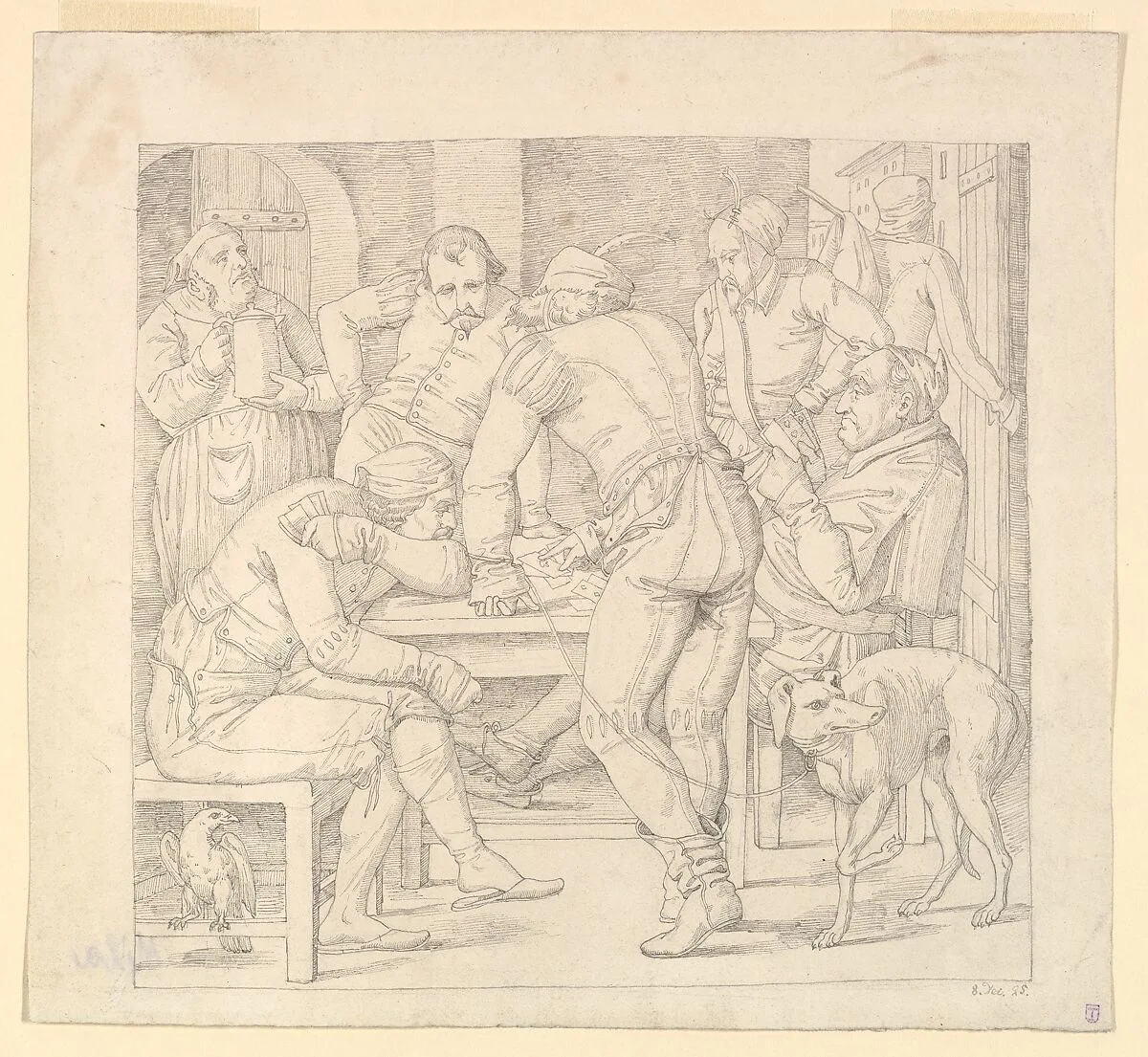 Five Men at a table in German Renaissance costume, playing cards in an inn — Paul Mila
