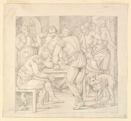 Five Men at a table in German Renaissance costume, playing cards in an inn