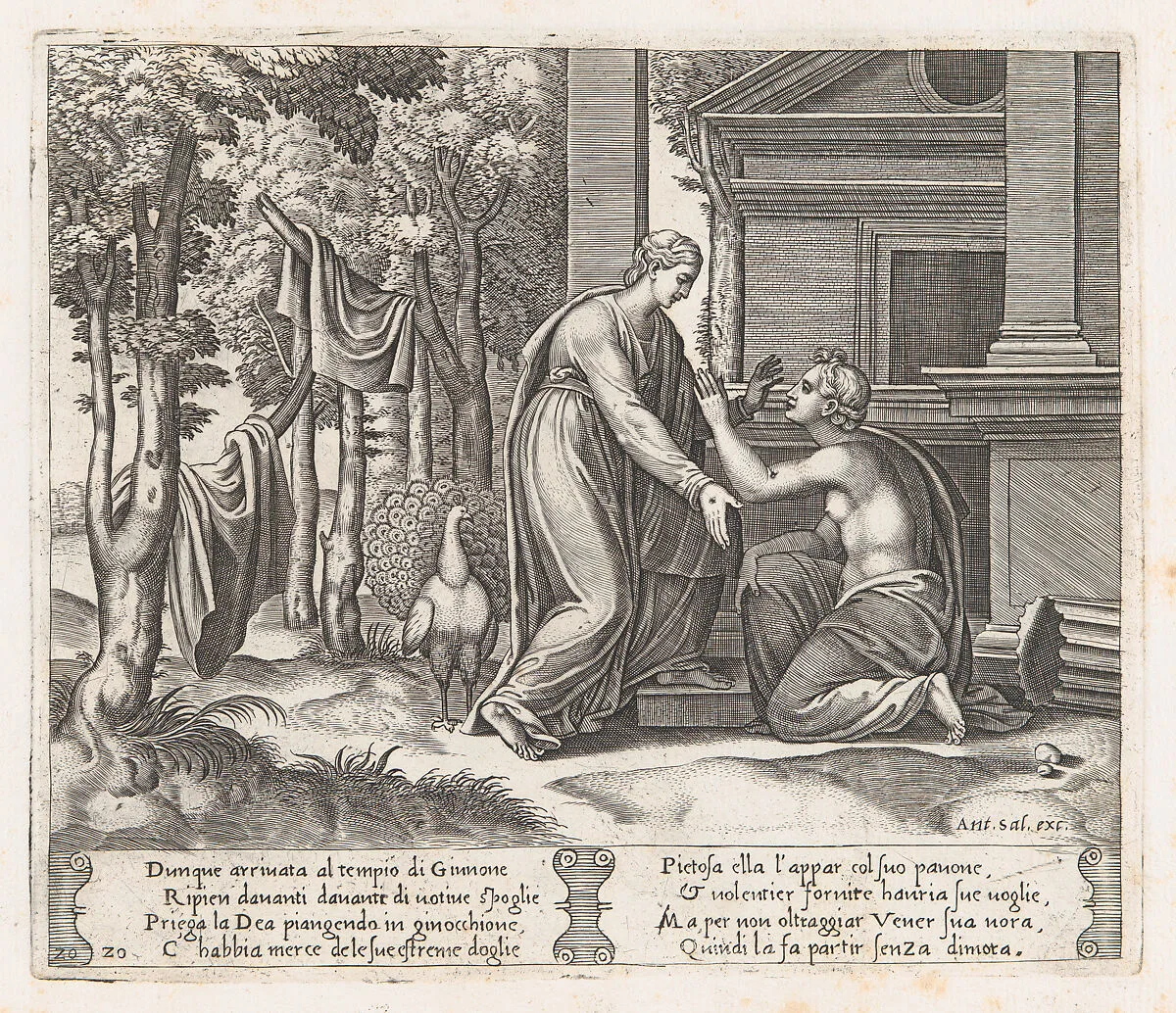 Plate 20: Juno, standing at left, sends away Psyche, who kneels before her, from "The Story of Cupid and Psyche as told by Apuleius" — Antonio Salamanca|Master of the Die|Michiel Coxie (I)