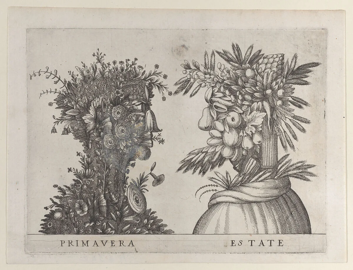 Spring and Summer: two heads made from flora typical of those seasons — Giuseppe Arcimboldo|Anonymous, Italian, 16th to early 17th century