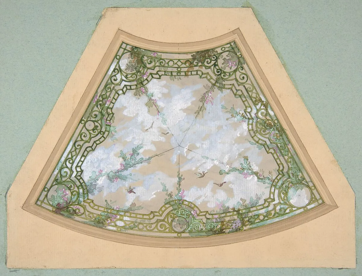 Design for one section of a ceiling painted in trompe l'oeil iron work with flowering vines and birds — Jules-Edmond-Charles Lachaise|Eugène-Pierre Gourdet