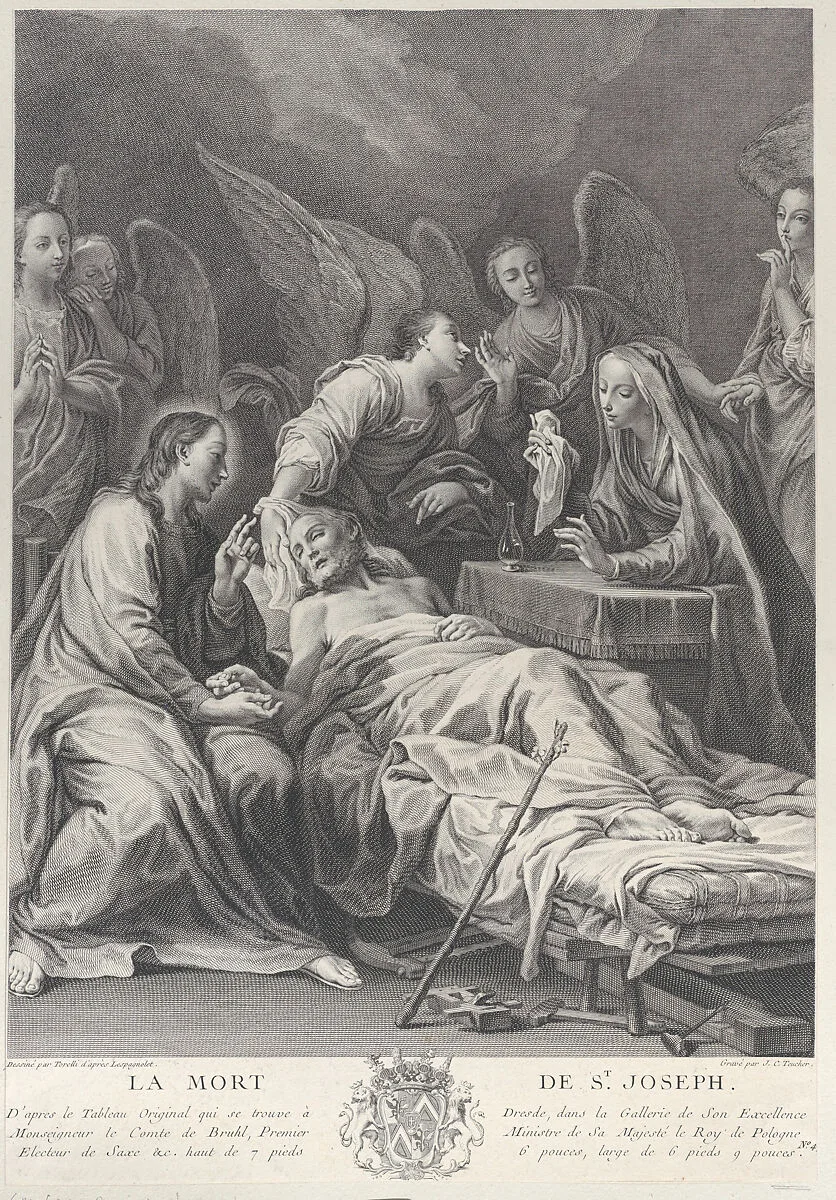 The death of Saint Joseph, lying on a bed, with Jesus, the Virgin Mary, and angels at his side — Stefano Torelli|Johann Christian Teucher|Giuseppe Maria Crespi