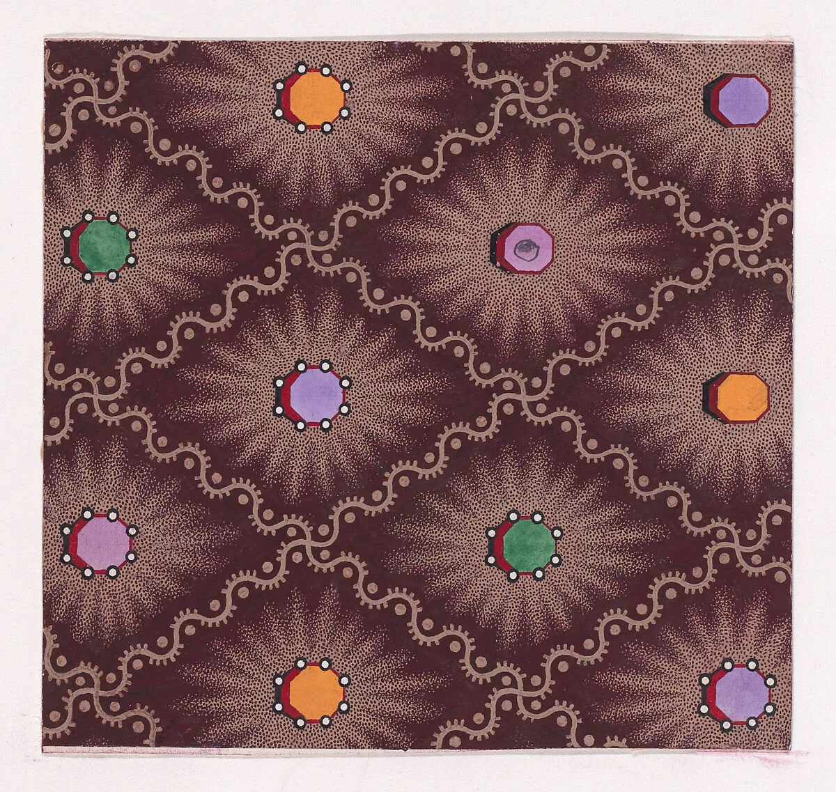 Textile Design with a Pattern of Seamless Lozenges Formed by a Undulating Ribbons with Dots, Decorated with Octagons with Pearls on the Vertices — Anonymous, Alsatian, 19th century